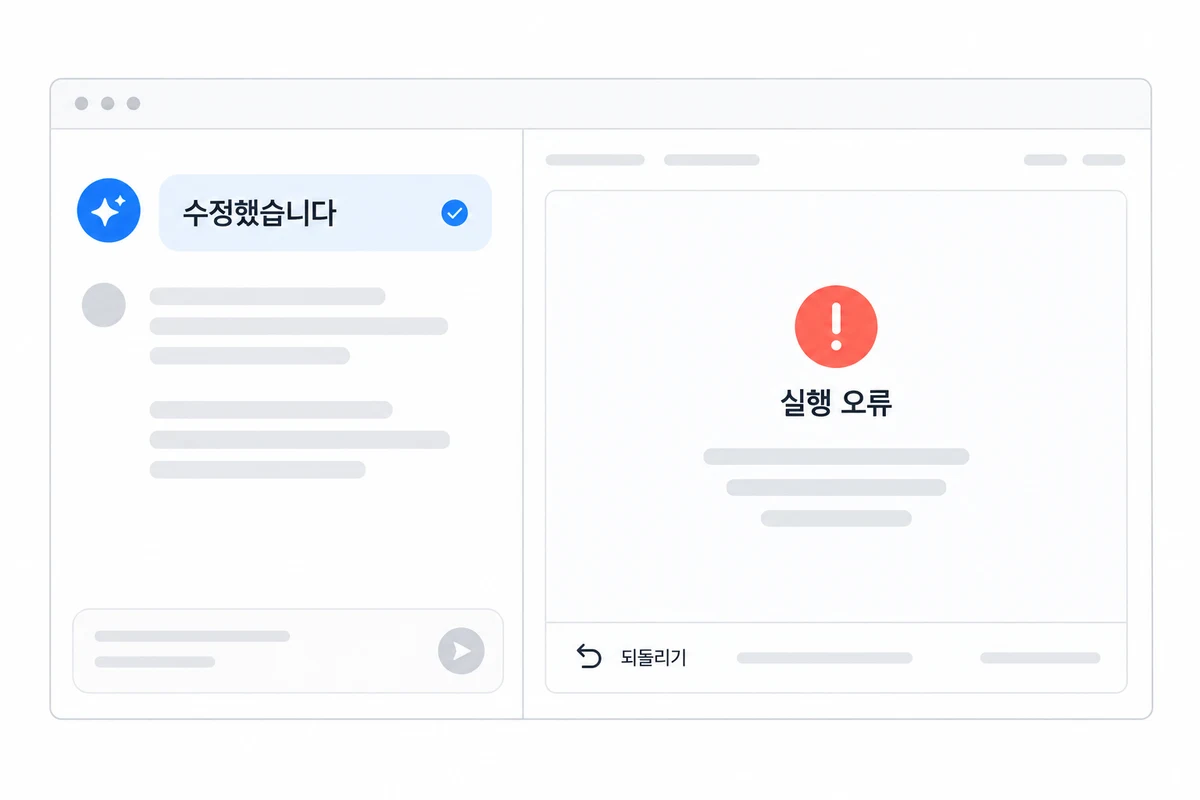 AI는 수정했다고 답하지만 옆 미리보기에는 실행 오류와 되돌리기가 표시된 화면
